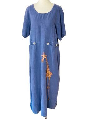 VINTAGE FOCUS 100% Linen Giraffe Midi Maxi Dress